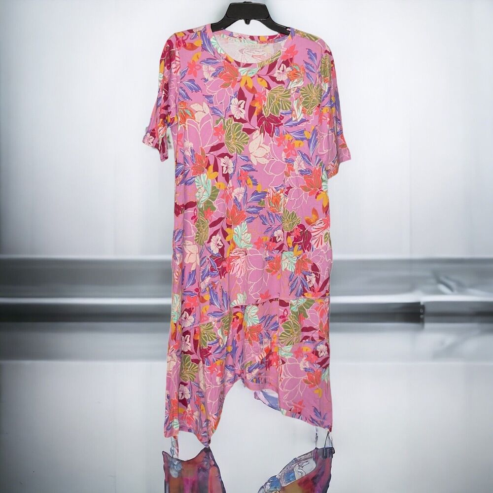 LOGO Lori Goldstein M Colorful Floral Dress w/ Asymmetrical Hem